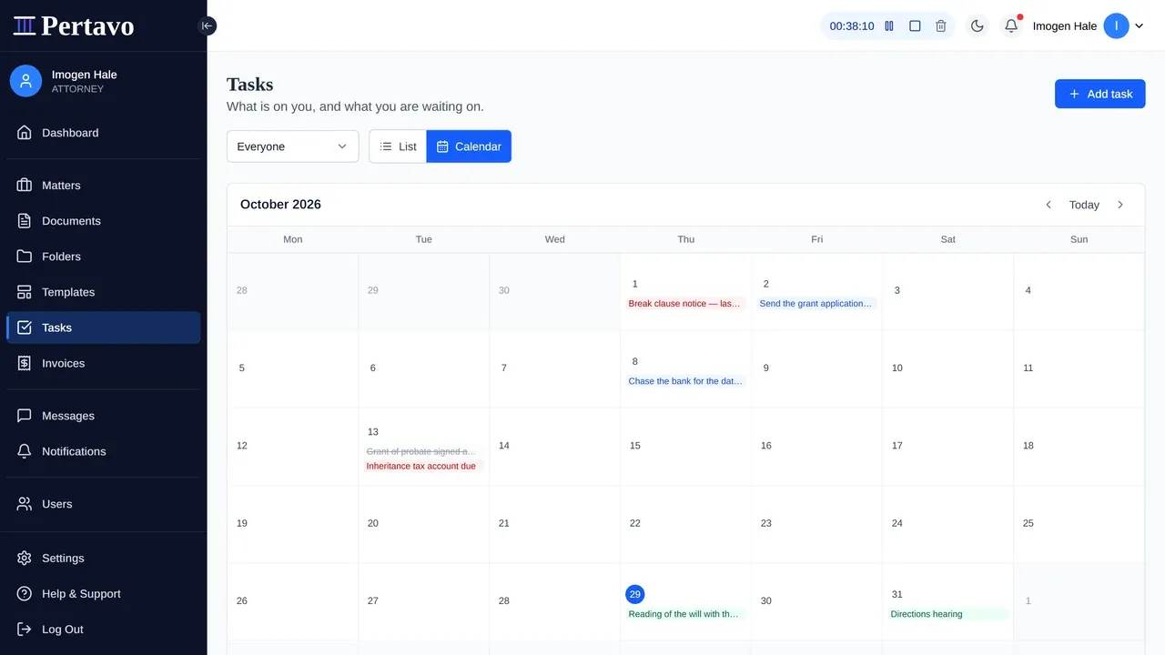 The month grid for October 2026 with today ringed. Tasks sit in blue, a completed one struck through; deadlines in red — “Inheritance tax account due”, “Break clause notice”; appointments in green — “Reading of the will with the family” today and a directions hearing on the 31st.