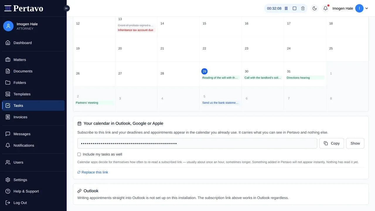 The subscription panel under the month grid. The link itself is hidden behind bullets with Copy and Show beside it, an unticked switch offers to include tasks, and a line underneath says calendar apps re-read a subscribed link about once an hour and that nothing has read this one yet. A Replace this link action sits at the bottom, and an Outlook panel below reports that direct sync is not set up on this installation.