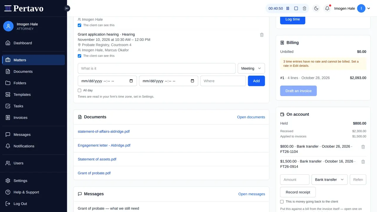 The On account card on a matter: $800 held, with $2,300 received and $1,500 applied to invoices listed beneath it, one receipt showing its method, date and bank reference, and a form for recording another with a switch for money going back to the client.