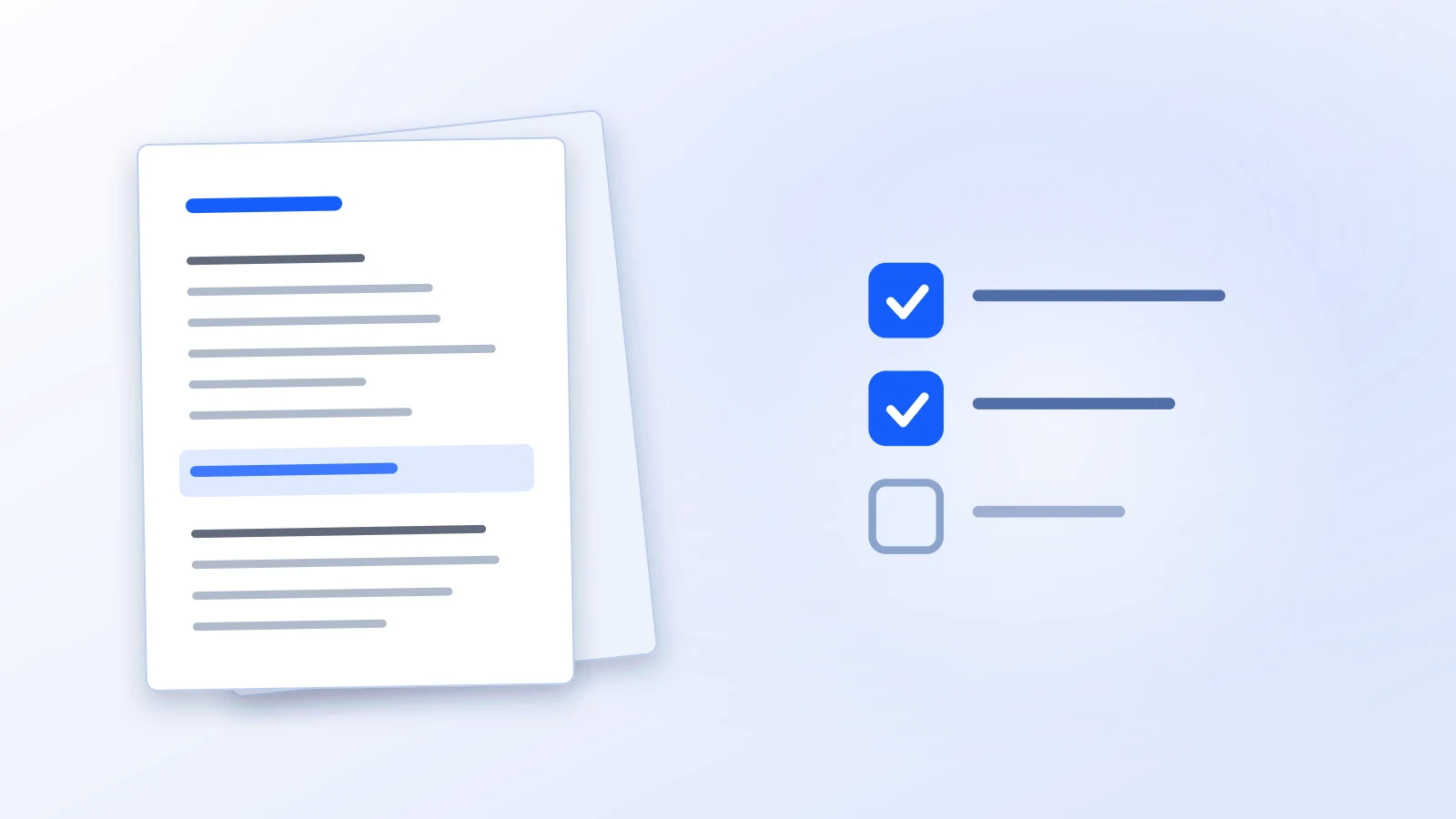 A checklist with two of three boxes ticked, beside a stack of paper
