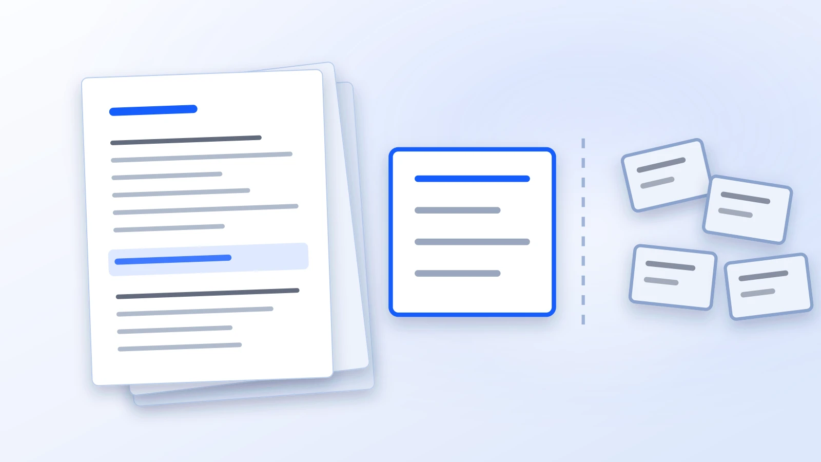 One tidy document beside four loose ones scattered at angles, divided by a dotted line