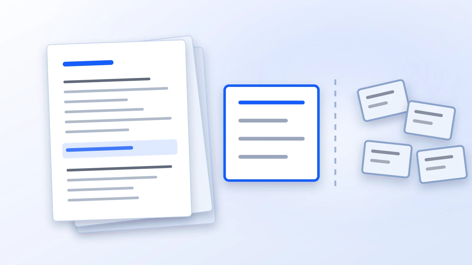 One tidy document beside four loose ones scattered at angles, divided by a dotted line