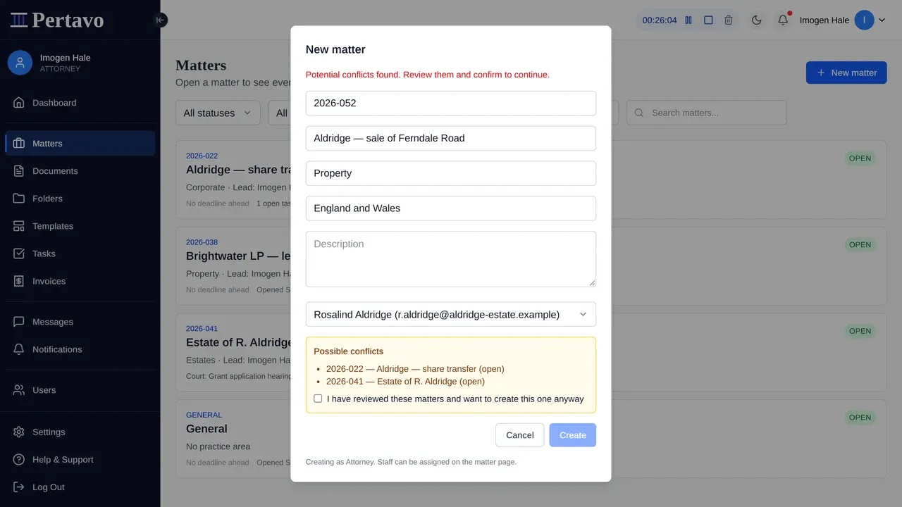 The new matter dialog showing "Potential conflicts found. Review them and confirm to continue", listing two existing matters for the same client, above an unticked box reading "I have reviewed these matters and want to create this one anyway".