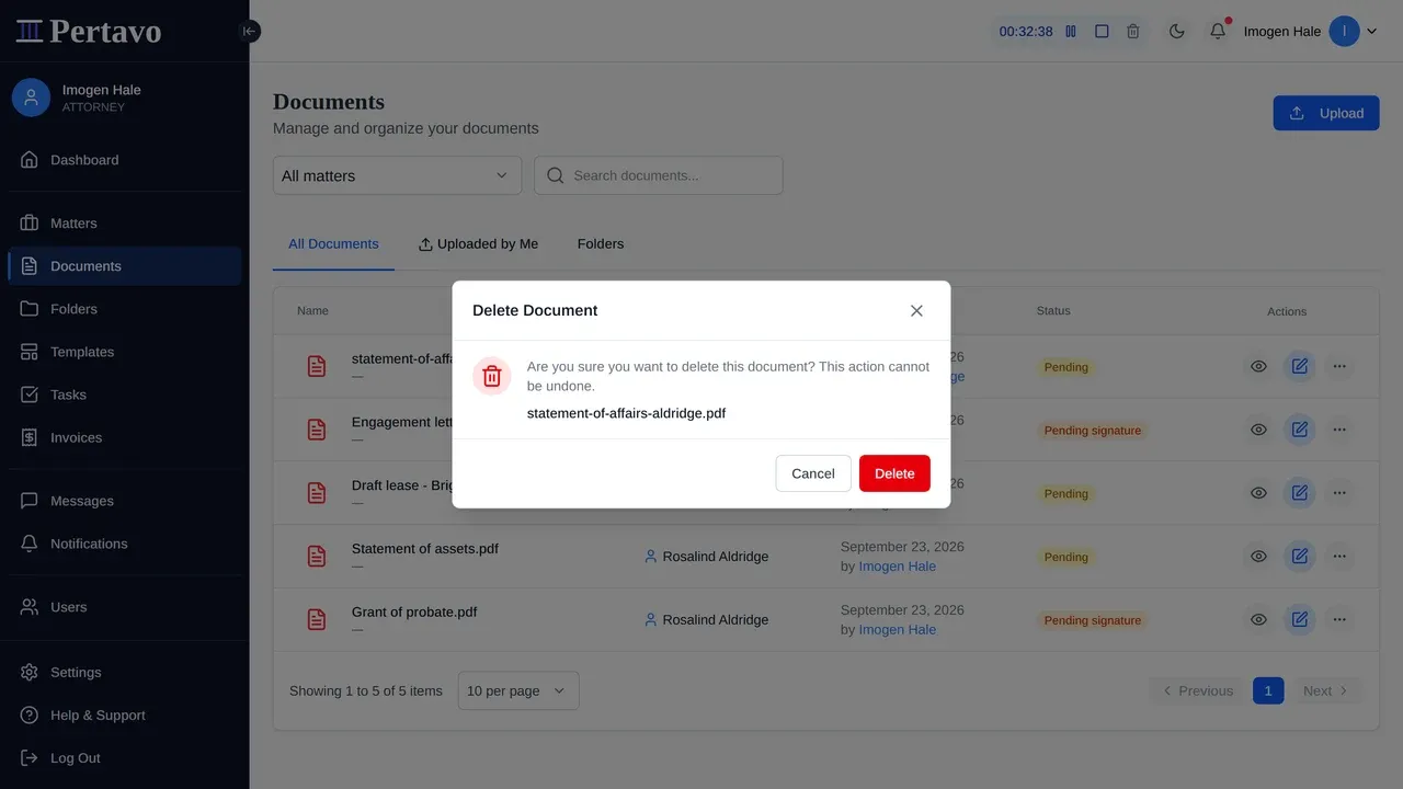 The delete confirmation: “Are you sure you want to delete this document? This action cannot be undone”, with the file named beneath it.