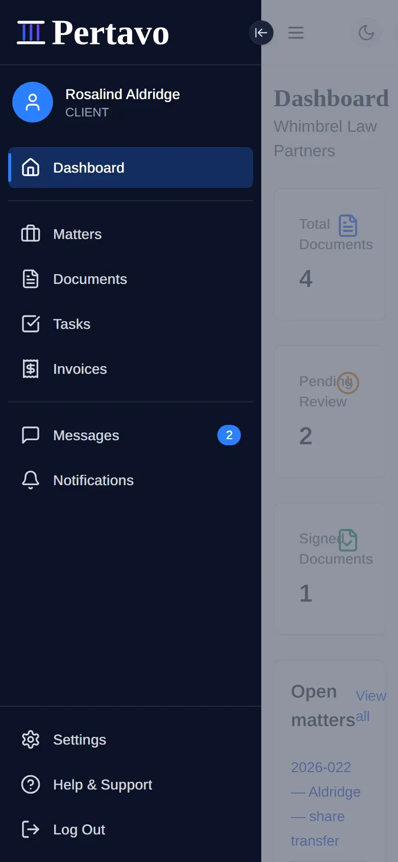 A phone with the navigation drawer open, showing Rosalind Aldridge labelled CLIENT above Dashboard, Matters, Documents, Messages with one unread, and Notifications.