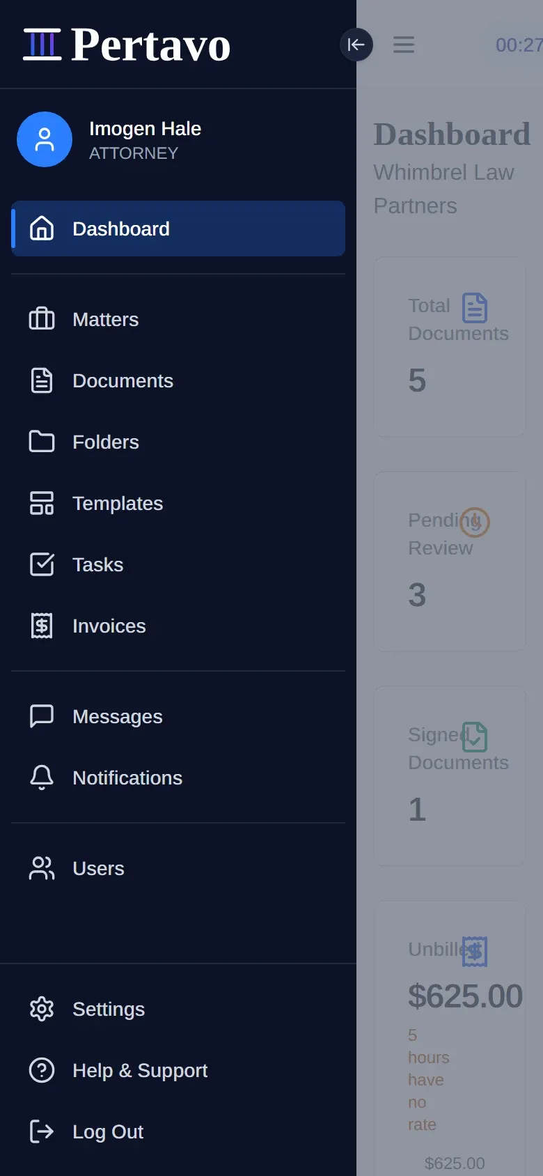 The same phone drawer signed in as the firm, showing Imogen Hale labelled ATTORNEY above a longer menu: Dashboard, Matters, Documents, Folders, Templates, Messages, Notifications and Users.