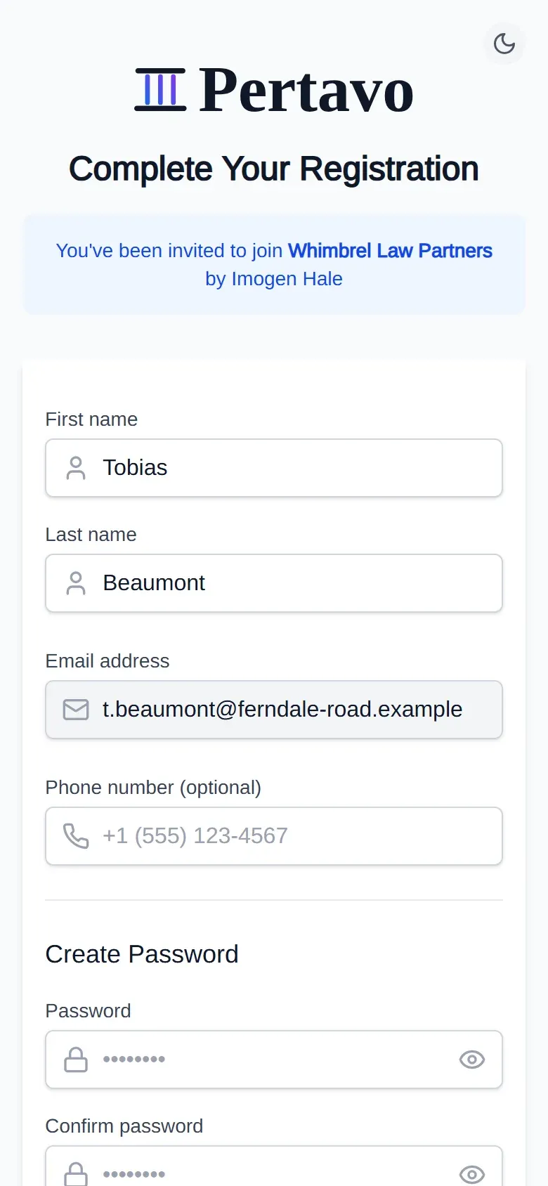 A phone showing the Pertavo registration screen. It reads "You've been invited to join Whimbrel Law Partners by Imogen Hale", with the name and email already filled in and a password to create.