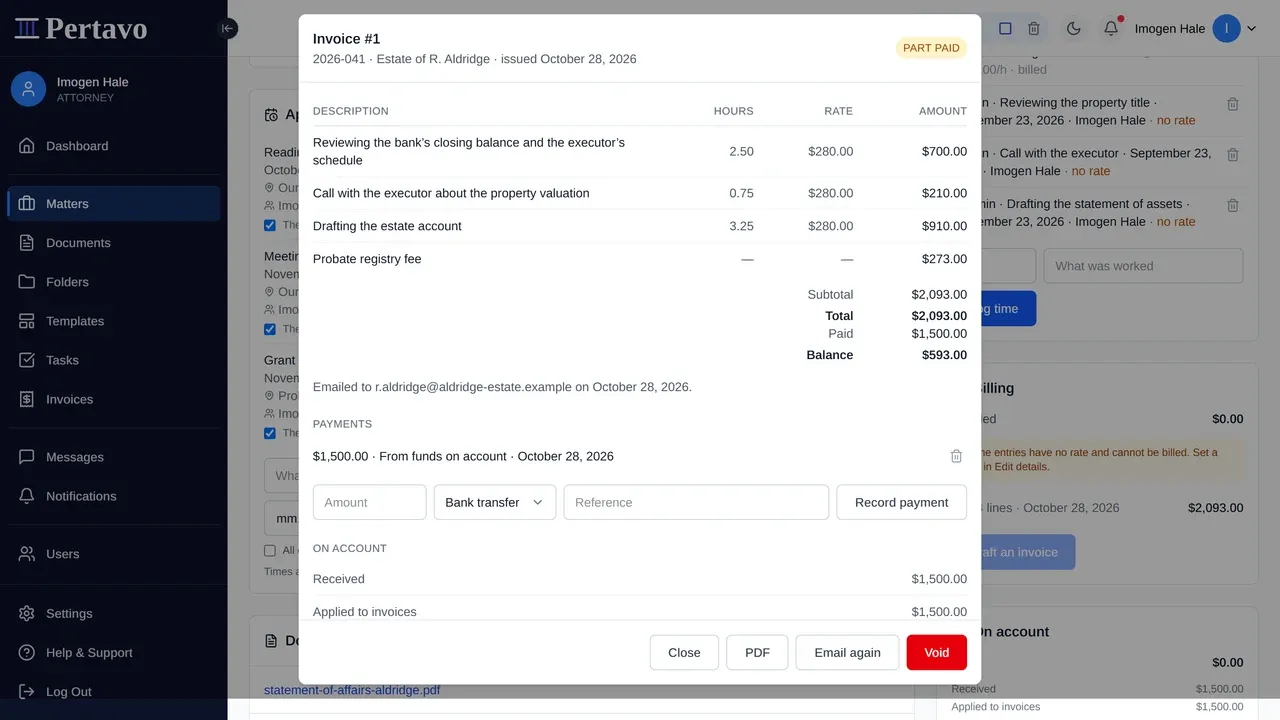 Invoice #1 open, marked PART PAID. Three time lines carry their own hours and a $280 rate, a probate registry fee sits under them with no hours against it, and the totals read $2,093 billed, $1,500 paid, $593 outstanding. A line underneath records that it was emailed to the client on 28 October, and the payment is listed as coming from funds on account.