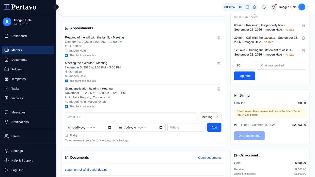 The Billing card on a matter: unbilled work at the top, a warning that three time entries have no rate and cannot be billed, the one invoice raised so far with its number, line count, date and total, and a Draft an invoice button.