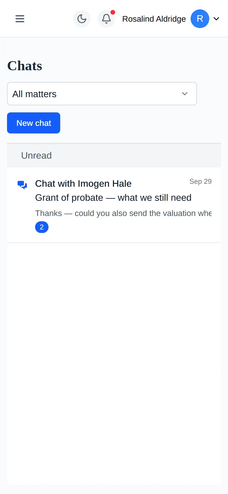 A phone showing the client’s chats, filtered by matter, with an unread message from the firm about the grant of probate.