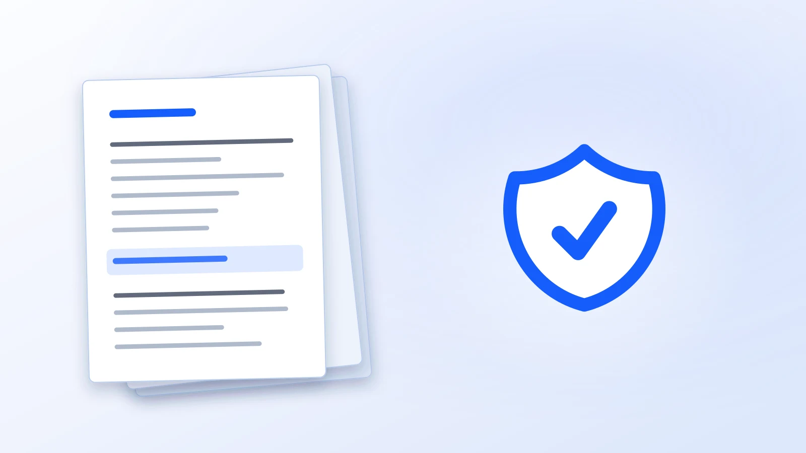 A shield containing a tick, beside a stack of paper documents
