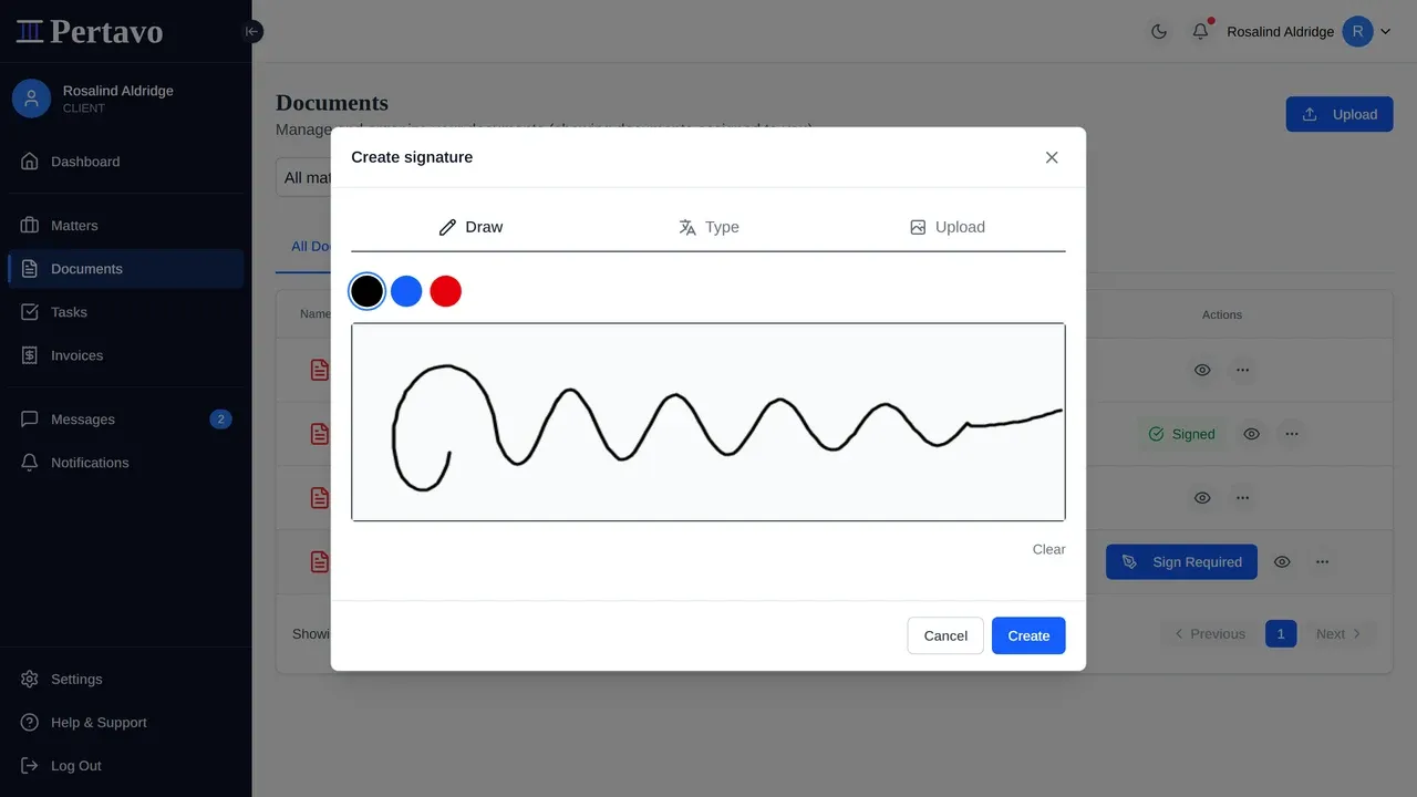 The Create signature dialog on the Draw tab, with three colour choices and a signature drawn by hand across the pad.