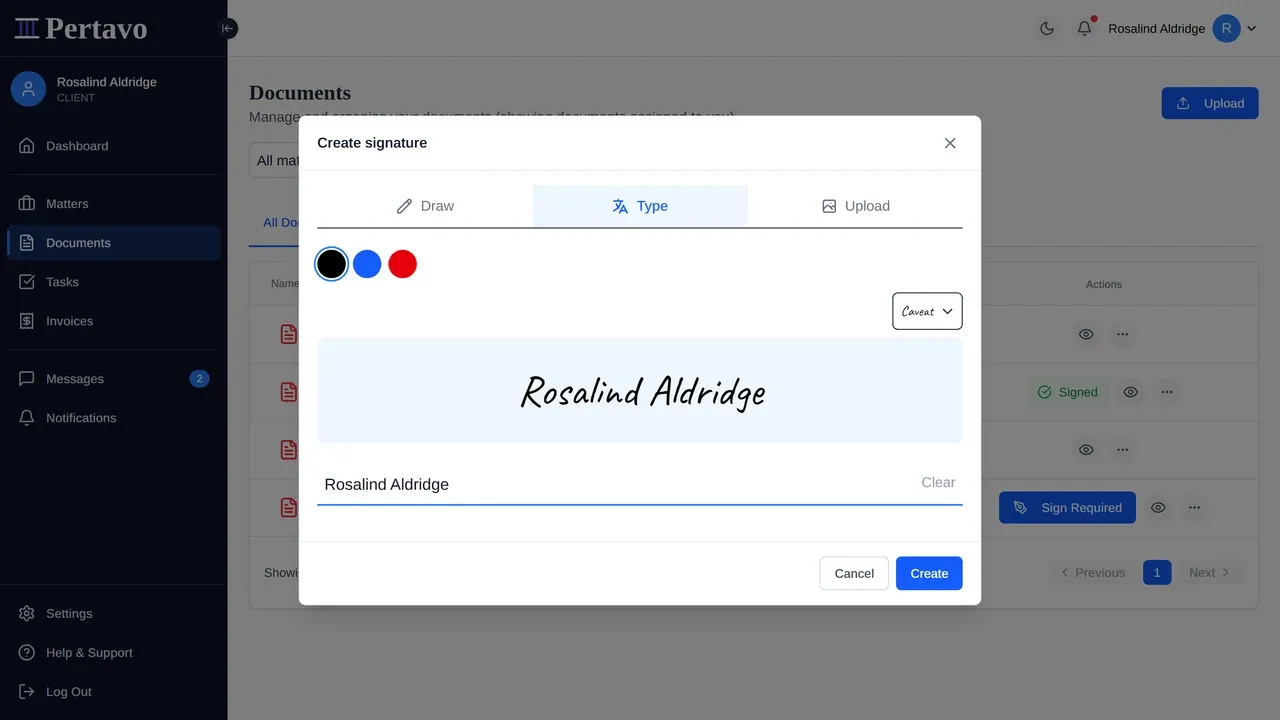 The Create signature dialog on the Type tab, showing a typed name rendered in a handwriting face, with a dropdown to change the face.