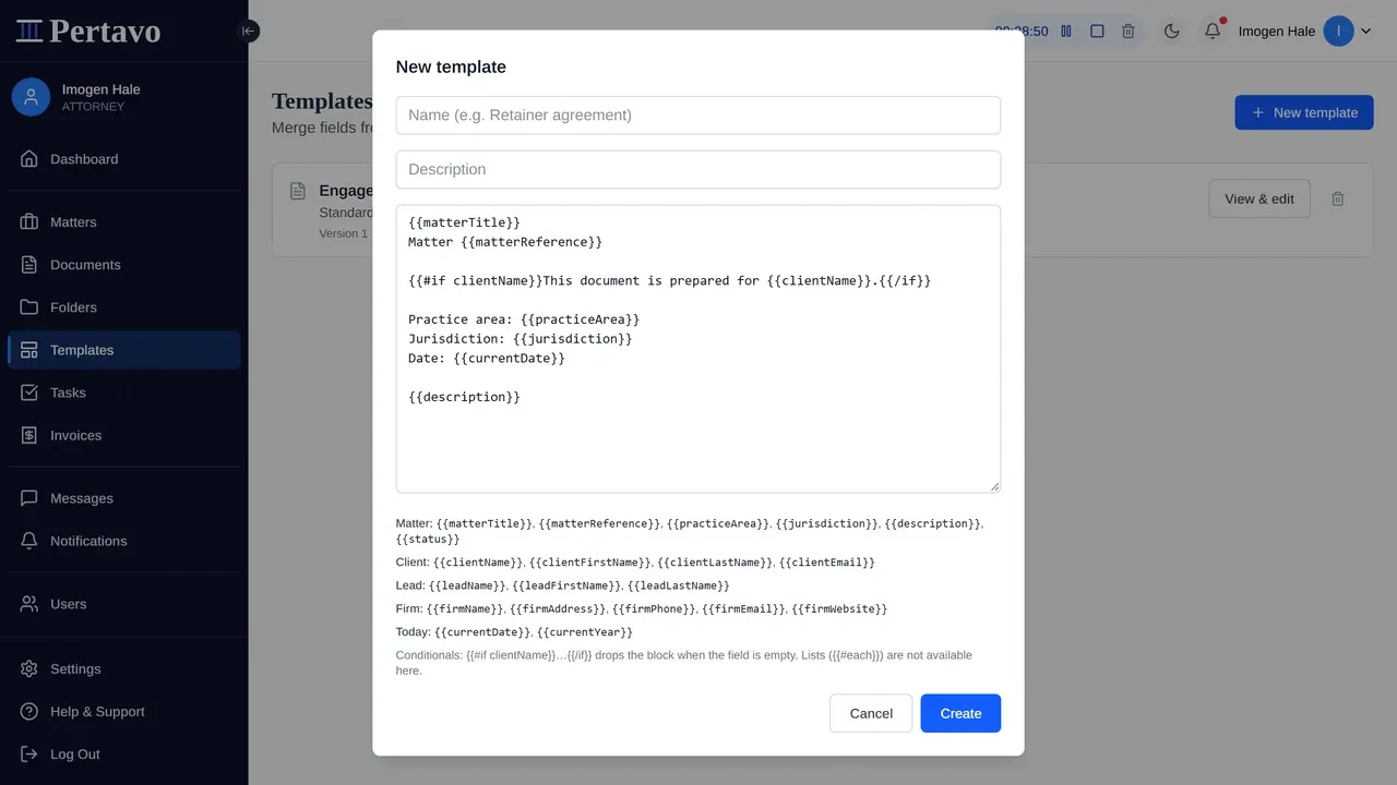 The New template form, its body prefilled with a sample whose merge fields are written in double braces, and the full list of available fields beneath it.