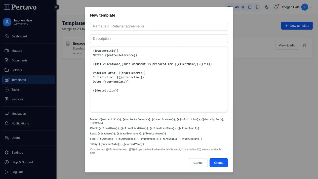 The New template form, its body prefilled with a sample whose merge fields are written in double braces, and the full list of available fields beneath it.