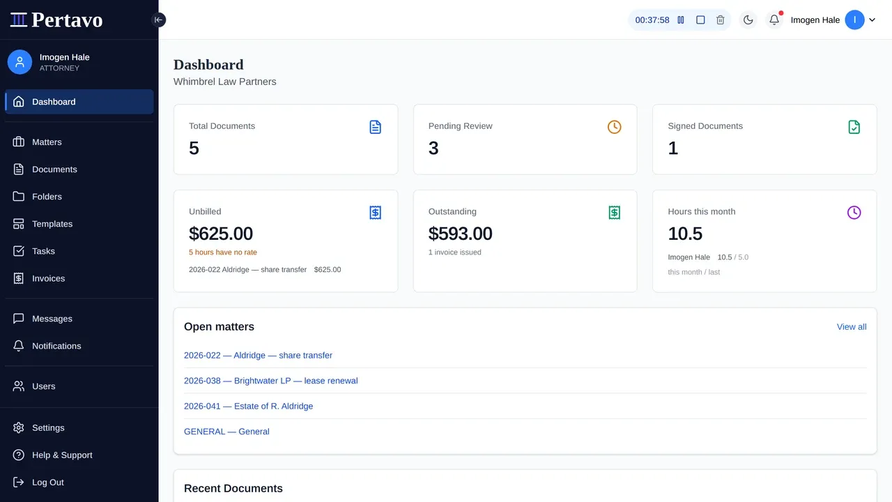 The dashboard with a timer running in the top bar, reading 00:24:29 beside pause, stop and discard controls. Below, the dashboard’s own figures: unbilled work, outstanding invoices and hours this month against last.