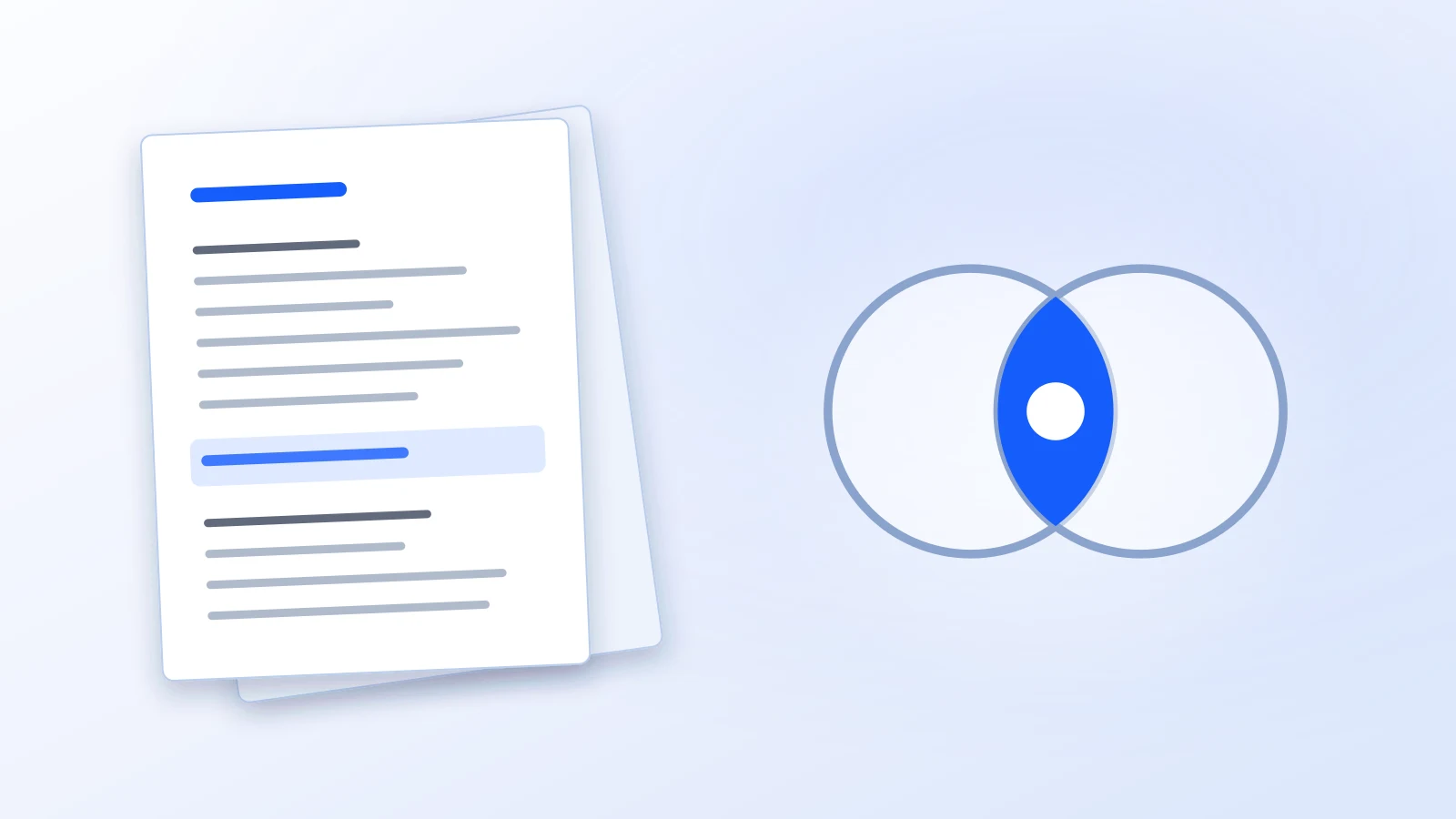 Two overlapping circles with the lens between them filled in, beside a stack of paper